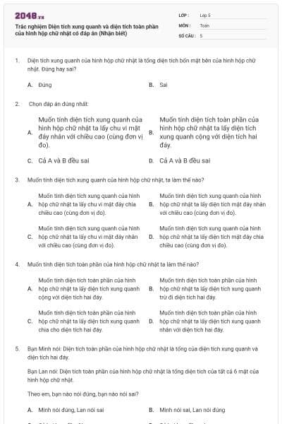 Trắc nghiệm Diện tích xung quanh và diện tích toàn phần của hình hộp chữ nhật có đáp án (Nhận biết)