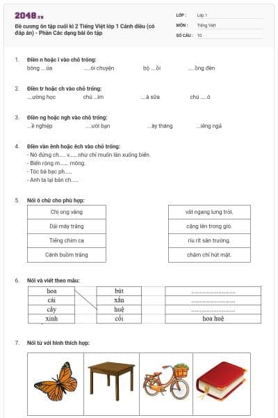 Đề cương ôn tập cuối kì 2 Tiếng Việt lớp 1 Cánh diều (có đáp án) - Phần Các dạng bài ôn tập