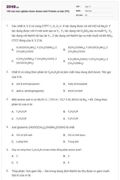 100 câu trắc nghiệm Amin-Amino Axit-Protein cơ bản (P4)