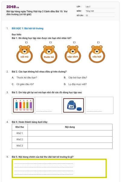 Bài tập hàng ngày Tiếng Việt lớp 2 Cánh diều Bài 10. Vui đến trường (có lời giải)