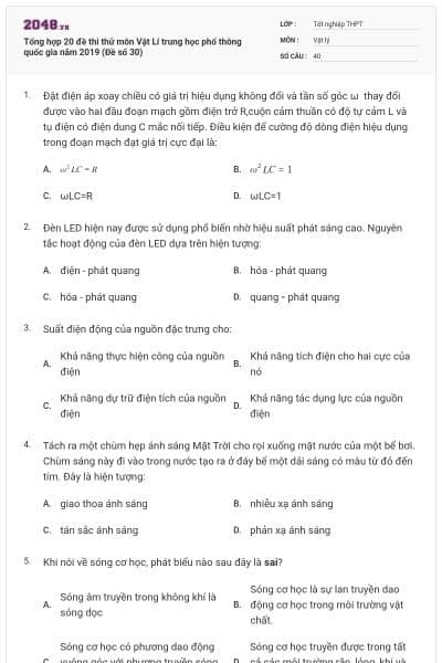 Tổng hợp 20 đề thi thử môn Vật Lí trung học phổ thông quốc gia năm 2019 (Đề số 30)