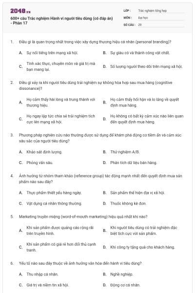 600+ câu Trắc nghiệm Hành vi người tiêu dùng (có đáp án) - Phần 17