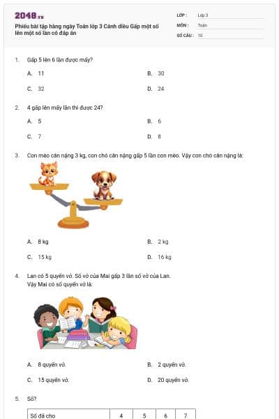Phiếu bài tập hàng ngày Toán lớp 3 Cánh diều Gấp một số lên một số lần có đáp án