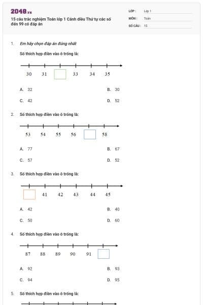 15 câu trắc nghiệm Toán lớp 1 Cánh diều Thứ tự các số đến 99 có đáp án