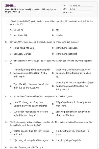 Đề thi THPT Quốc gia môn Lịch sử năm 2022 chọn lọc, có lời giải (Đề số 2)