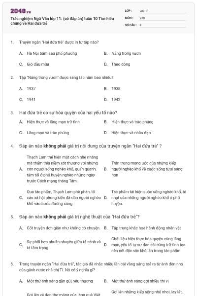 Trắc nghiệm Ngữ Văn lớp 11: (có đáp án) tuần 10 Tìm hiểu chung về Hai đứa trẻ