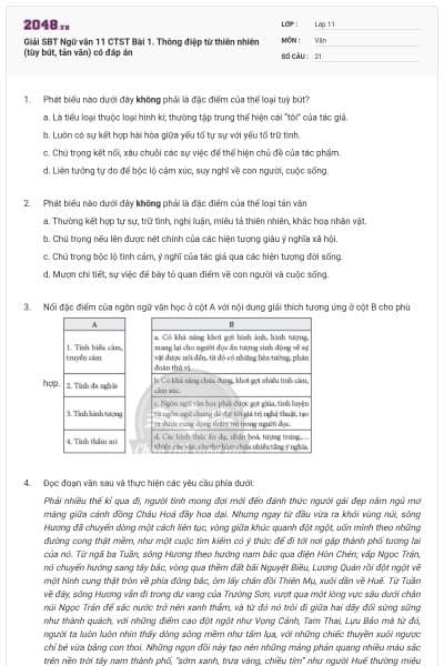Giải SBT Ngữ văn 11 CTST Bài 1. Thông điệp từ thiên nhiên (tùy bút, tản văn) có đáp án