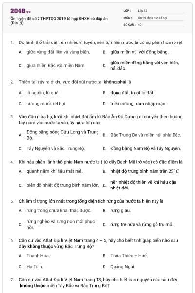 Ôn luyện đề số 2 THPTQG 2019 tổ hợp KHXH có đáp án (Địa Lý)