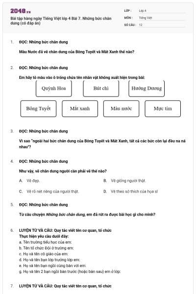 Bài tập hàng ngày Tiếng Việt lớp 4 Bài 7. Những bức chân dung (có đáp án)