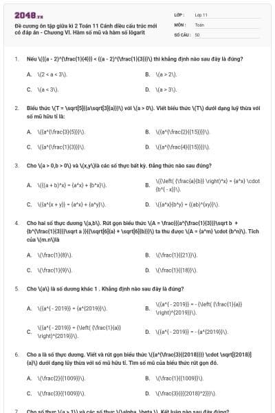 Đề cương ôn tập giữa kì 2 Toán 11 Cánh diều cấu trúc mới có đáp án - Chương VI. Hàm số mũ và hàm số lôgarit