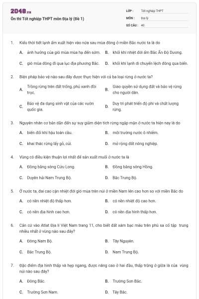 Ôn thi Tốt nghiệp THPT môn Địa lý (Đề 1)