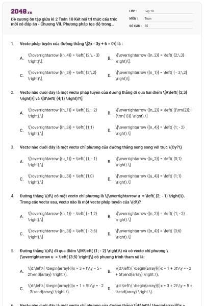 Đề cương ôn tập giữa kì 2 Toán 10 Kết nối tri thức cấu trúc mới có đáp án - Chương VII. Phương pháp tọa độ trong mặt phẳng