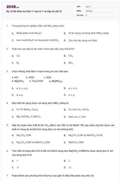 Bộ 10  Đề kiểm tra Hóa 11 học kì 1 có đáp án (đề 4)