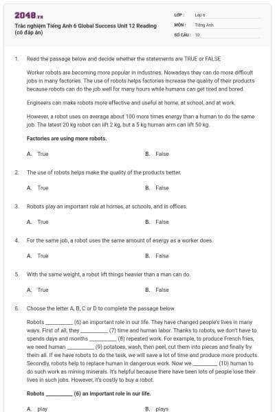 Trắc nghiệm Tiếng Anh 6 Global Success Unit 12 Reading (có đáp án)