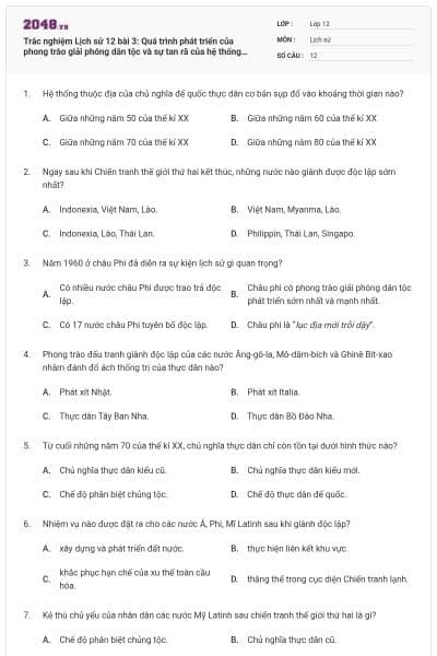 Trắc nghiệm Lịch sử 12 bài 3: Quá trình phát triển của phong trào giải phóng dân tộc và sự tan rã của hệ thống thuộc địa