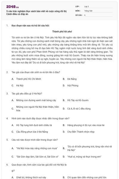 5 câu trắc nghiệm Đọc sách báo viết về cuộc sống đô thị Cánh diều có đáp án