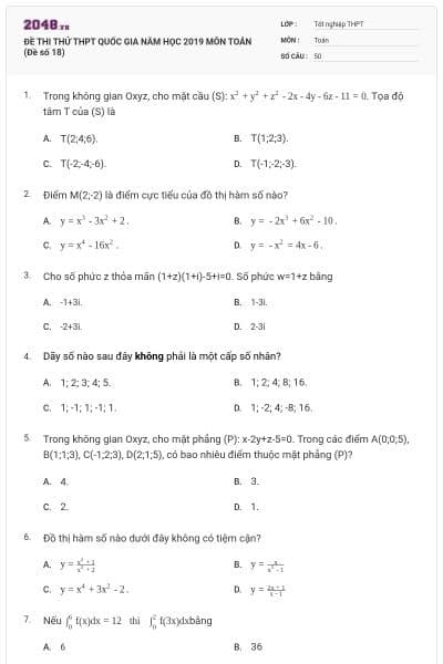 ĐỀ THI THỬ THPT QUỐC GIA NĂM HỌC 2019 MÔN TOÁN (Đề số 18)