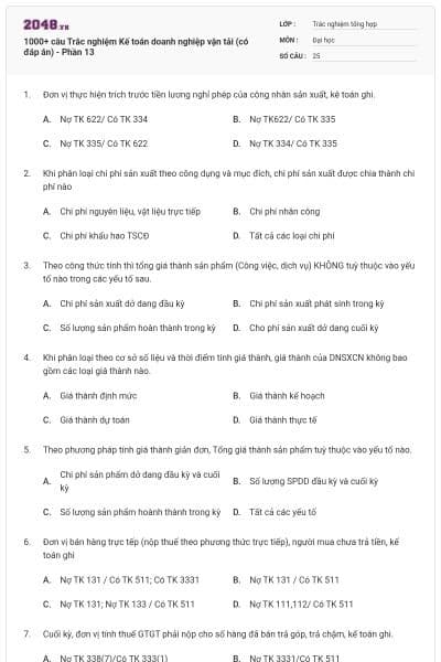 1000+ câu Trắc nghiệm Kế toán doanh nghiệp vận tải (có đáp án) - Phần 13