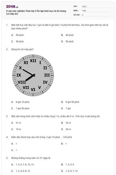 8 câu trắc nghiệm Toán lớp 3 Ôn tập hình học và đo lường (có đáp án)