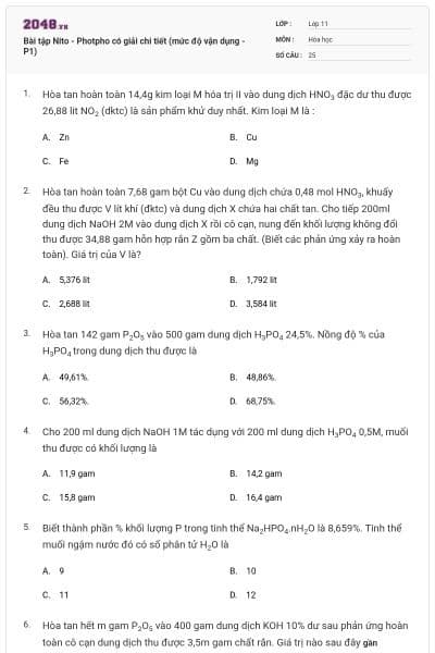 Bài tập Nito - Photpho có giải chi tiết (mức độ vận dụng - P1)