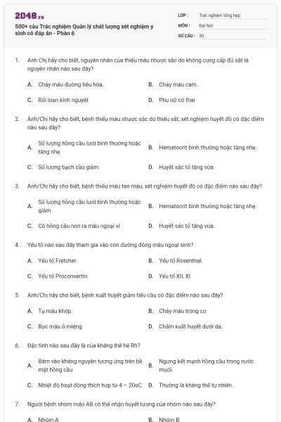 500+ câu Trắc nghiệm Quản lý chất lượng xét nghiệm y sinh có đáp án - Phần 6