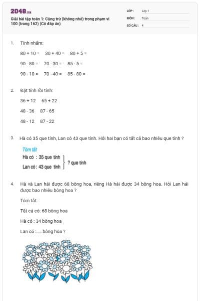 Giải bài tập toán 1: Cộng trừ (không nhớ) trong phạm vi 100 (trang 162) (Có đáp án)