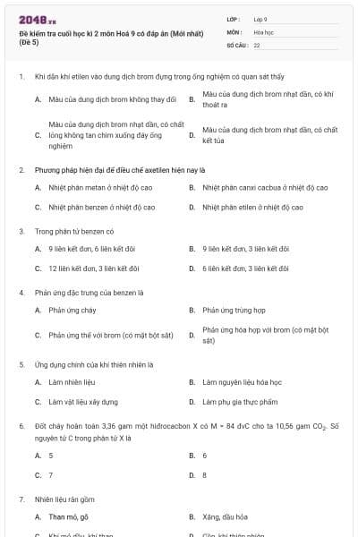 Đề kiểm tra cuối học kì 2 môn Hoá 9 có đáp án (Mới nhất) (Đề 5)