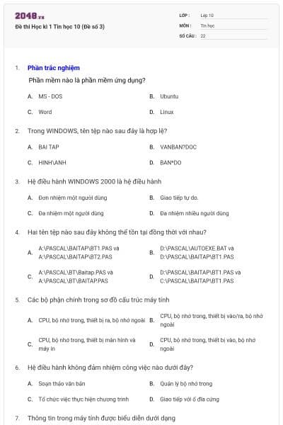 Đề thi Học kì 1 Tin học 10 (Đề số 3)