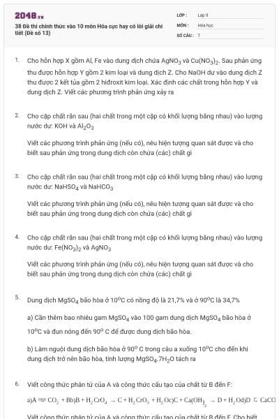 38 Đề thi chính thức vào 10 môn Hóa cực hay có lời giải chi tiết (Đề số 13)