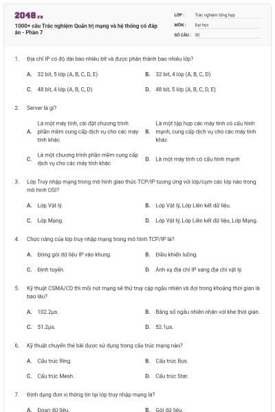 1000+ câu Trắc nghiệm Quản trị mạng và hệ thống có đáp án - Phần 7