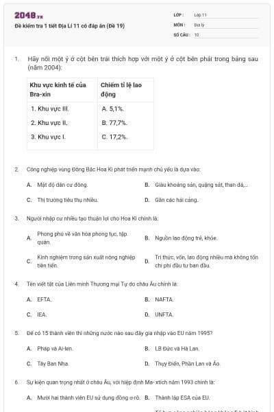 Đề kiểm tra 1 tiết Địa Lí 11 có đáp án (Đề 19)