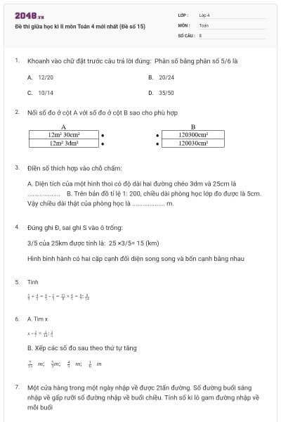 Đề thi giữa học kì II môn Toán 4 mới nhất (Đề số 15)