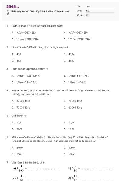 Bộ 15 đề thi giữa kì 1 Toán lớp 5 Cánh diều có đáp án - Đề 10