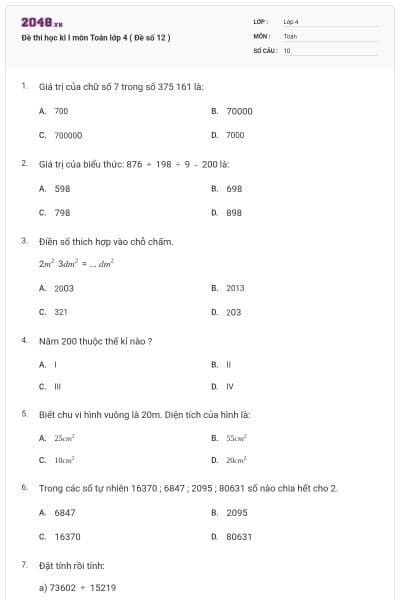 Đề thi học kì I môn Toán lớp 4 ( Đề số 12 )