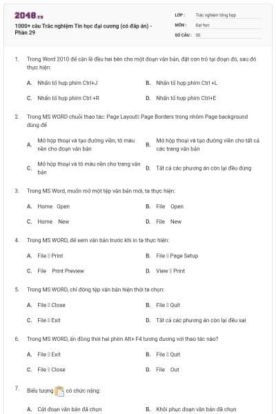 1000+ câu Trắc nghiệm Tin học đại cương (có đáp án) - Phần 29