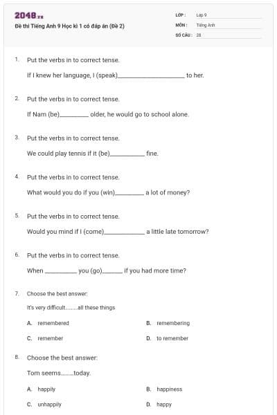 Đề thi Tiếng Anh 9 Học kì 1 có đáp án (Đề 2)