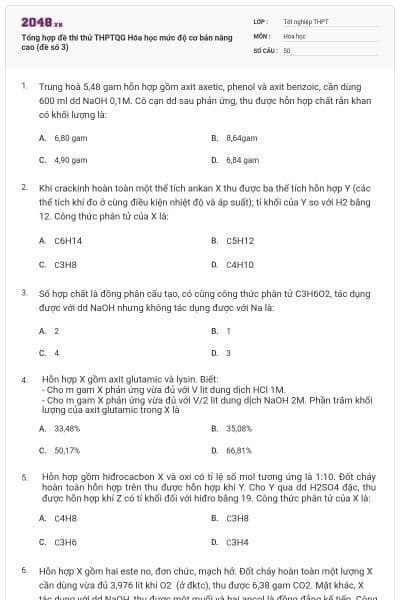 Tổng hợp đề thi thử THPTQG Hóa học mức độ cơ bản nâng cao (đề số 3)