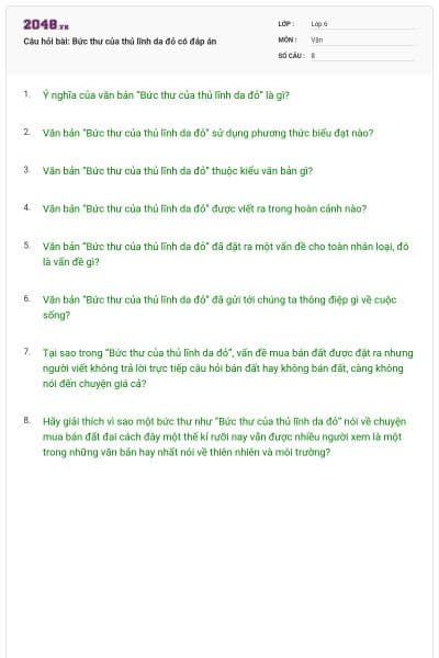 Câu hỏi bài: Bức thư của thủ lĩnh da đỏ có đáp án