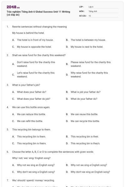 Trắc nghiệm Tiếng Anh 6 Global Success Unit 11 Writing (có đáp án)
