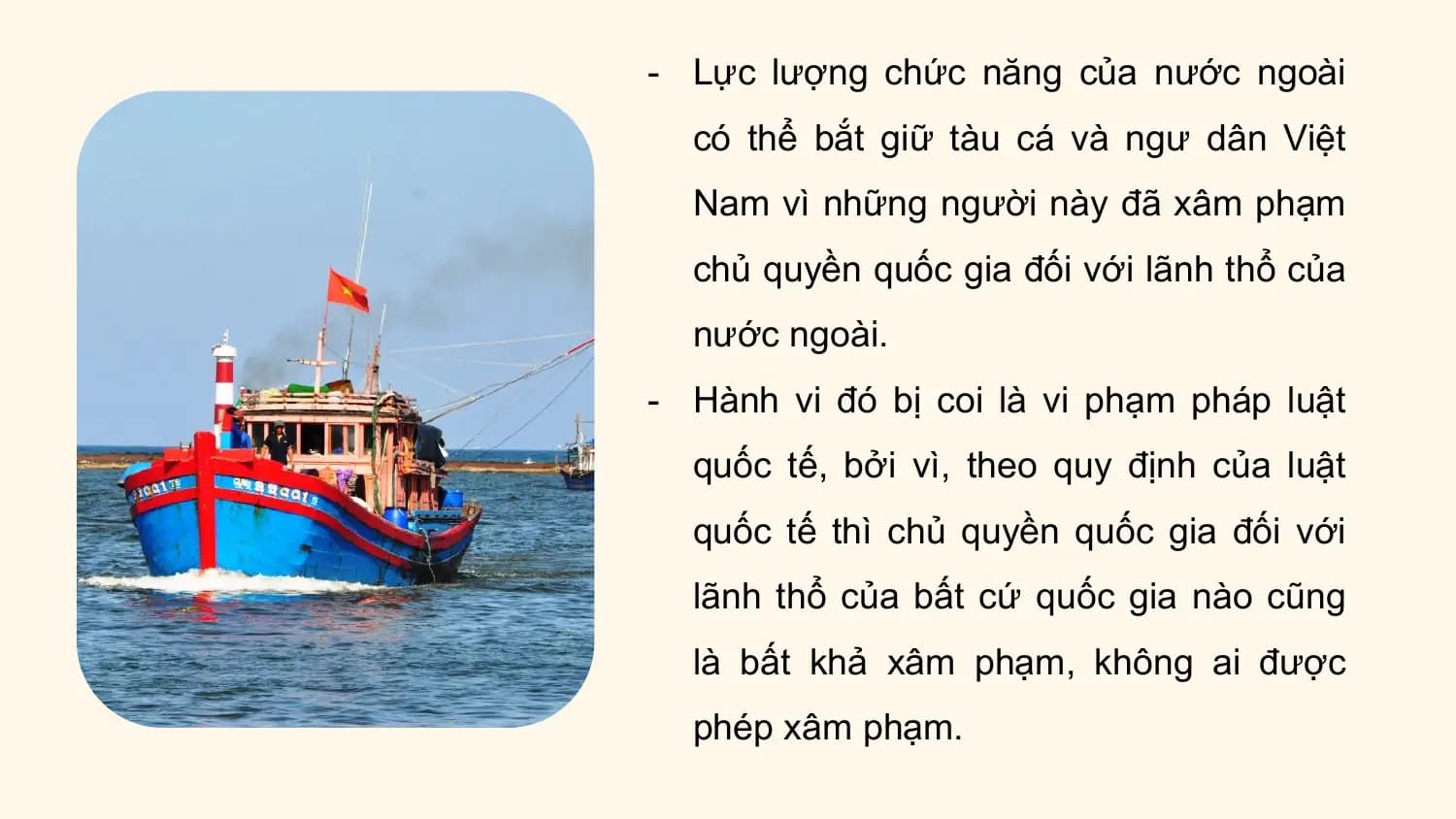 - Lực lượng chức năng của nước ngoài
 có thể bắt giữ tàu cá và ngư dân Việt
 Nam vì những người này đã xâm phạm
 chủ quyền quốc gia đối với lãnh thổ của
 nước ngoài.
- Hành vi đó bị coi là vi phạm pháp luật
 quốc tế, bởi vì, theo quy định của luật
 quốc tế thì chủ quyền quốc gia đối với
 lãnh thổ của bất cứ quốc gia nào cũng
 là bất khả xâm phạm, không ai được
 phép xâm phạm.