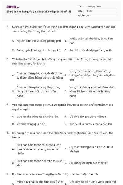 20 Đề thi thử thpt quốc gia môn Địa lí có đáp án (Đề số 18)