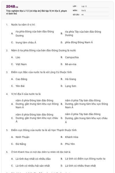 Trắc nghiệm Địa Lí 12 (có đáp án) Bài tập Vị trí địa lí, phạm vi lãnh thổ