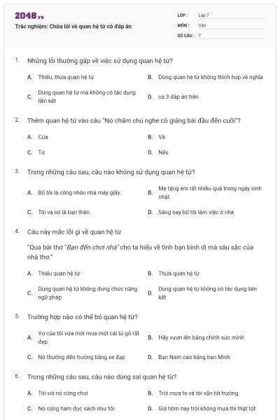 Trắc nghiệm: Chữa lỗi về quan hệ từ có đáp án