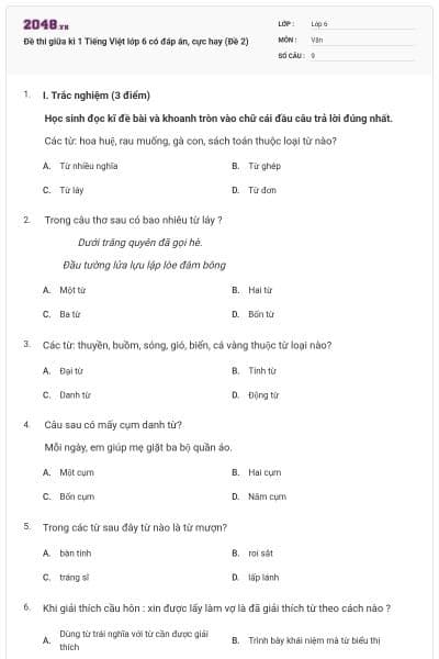 Đề thi giữa kì 1 Tiếng Việt lớp 6 có đáp án, cực hay (Đề 2)