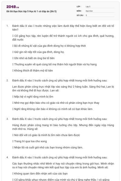 Đề thi Đạo Đức lớp 5 Học kì 1 có đáp án (Đề 5)