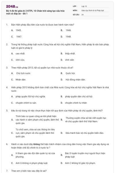 Bộ 4 đề thi giữa kì 2 KTPL 10 Chân trời sáng tạo cấu trúc mới có đáp án - Đề 1