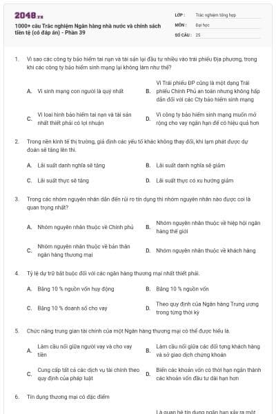 1000+ câu Trắc nghiệm Ngân hàng nhà nước và chính sách tiền tệ (có đáp án) - Phần 39