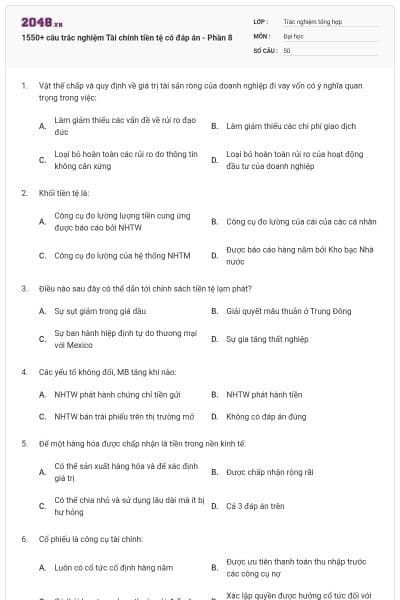 1550+ câu trắc nghiệm Tài chính tiền tệ có đáp án - Phần 8