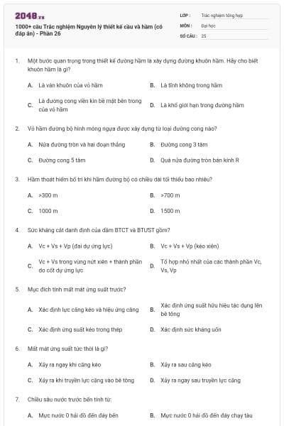 1000+ câu Trắc nghiệm Nguyên lý thiết kế cầu và hầm (có đáp án) - Phần 26