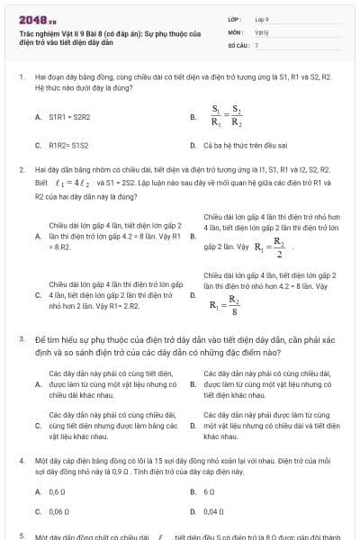 Trắc nghiệm Vật lí 9 Bài 8 (có đáp án): Sự phụ thuộc của điện trở vào tiết diện dây dẫn
